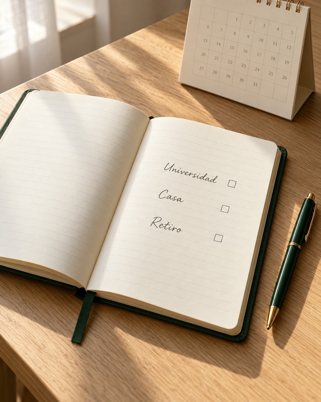 Libreta con metas de universidad, casa y retiro sobre una mesa de madera clara, junto a un calendario y un bolígrafo verde.